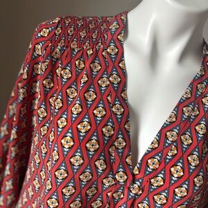 Kachel 100% Silk Orange Blue Diamond Long Sleeve Flowy Blouse Women Sz 6